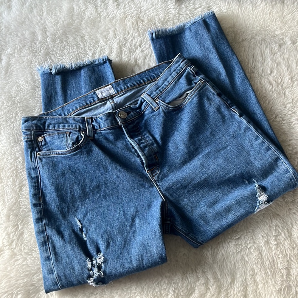 Hudson Riley Luxe Crop Relaxed Straight Raw Hem Button Fly Distressed Jeans 32 - Picture 8 of 15